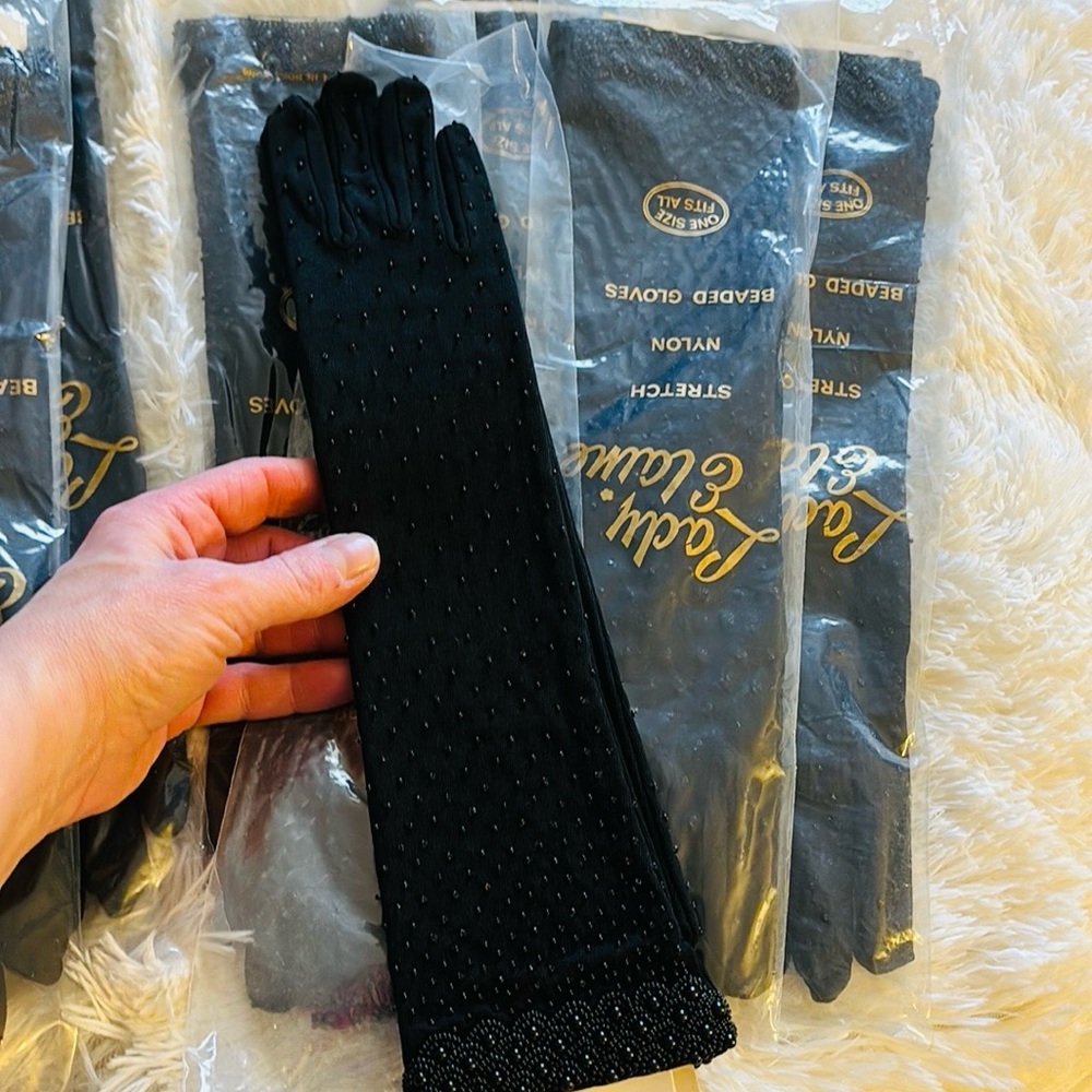 Vintage Lady Elaine black stretch beaded 3/4 length dress gloves.  NEW. Size 7 - Picture 2 of 9